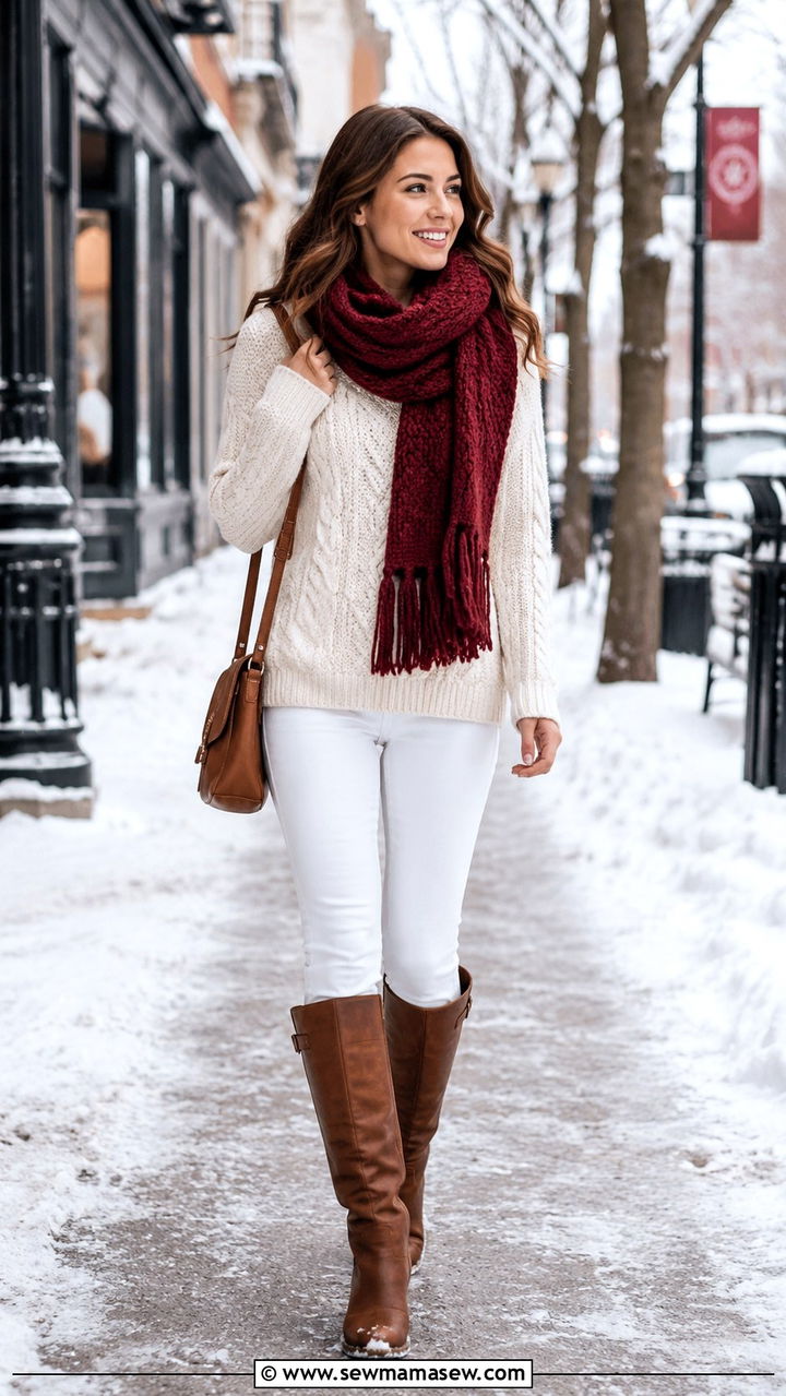 White Jeans with Chunky Knit Sweater and Scarf - 30 chic white jeans outfit ideas