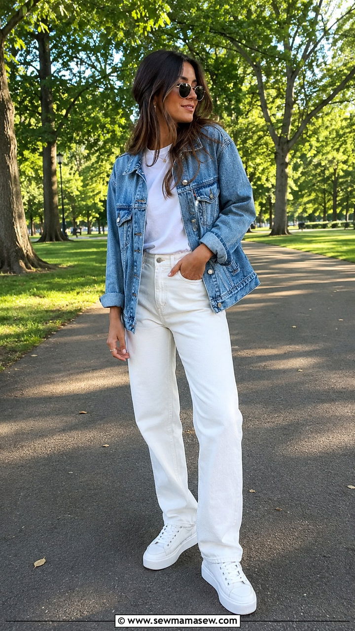 White Jeans with Denim Jacket and Platform Sneakers - 30 chic white jeans outfit ideas