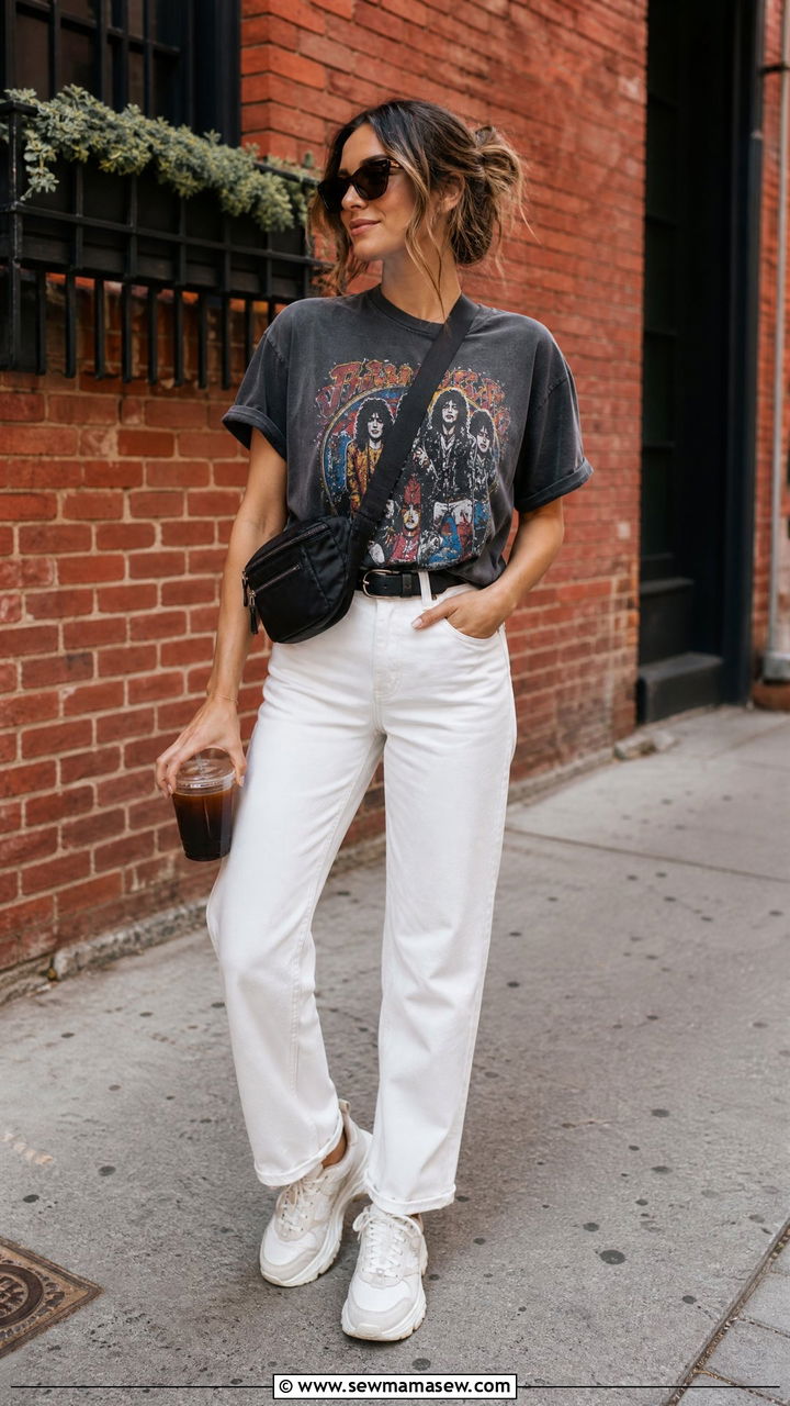 White Jeans with Graphic Tee and Sneakers - 35 How to style white jeans