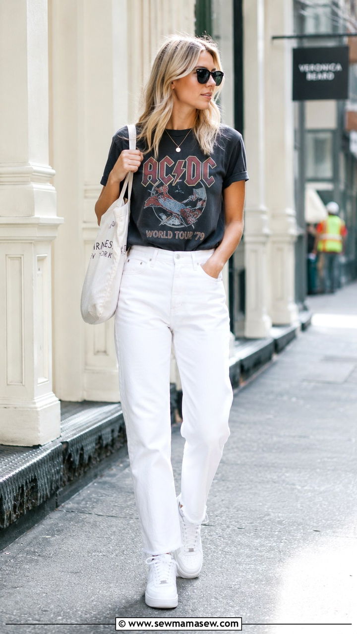 White Jeans with Graphic Tee and White Sneakers - 30 chic white jeans outfit ideas