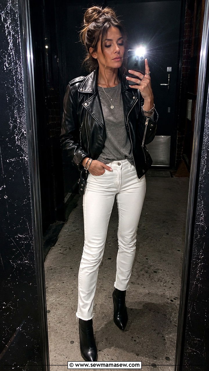White Jeans with Leather Jacket and Ankle Boots - 30 chic white jeans outfit ideas