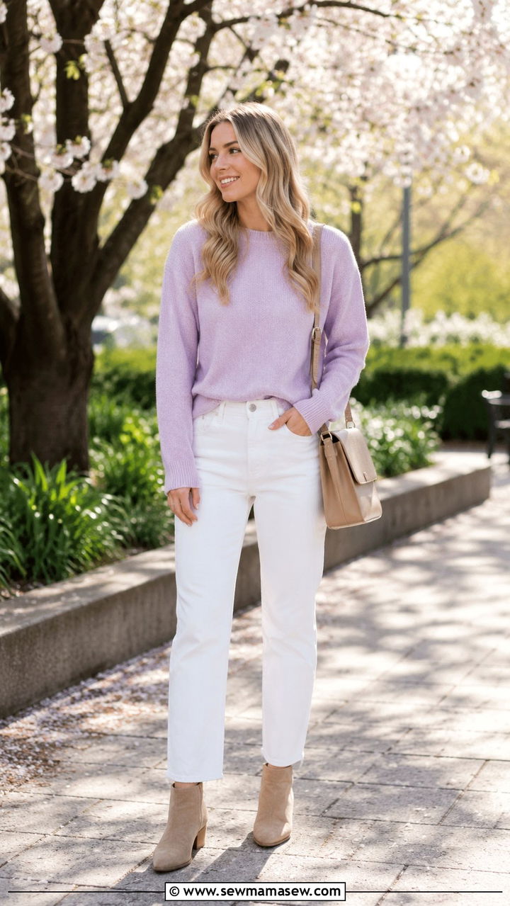 White Jeans with Light Sweater and Ankle Boots - 30 Late March outfit ideas
