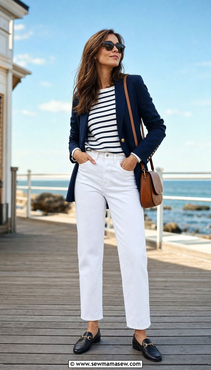 White Jeans with Navy Blazer and Loafers Outfit - 25 spring outfits 2026 women trends