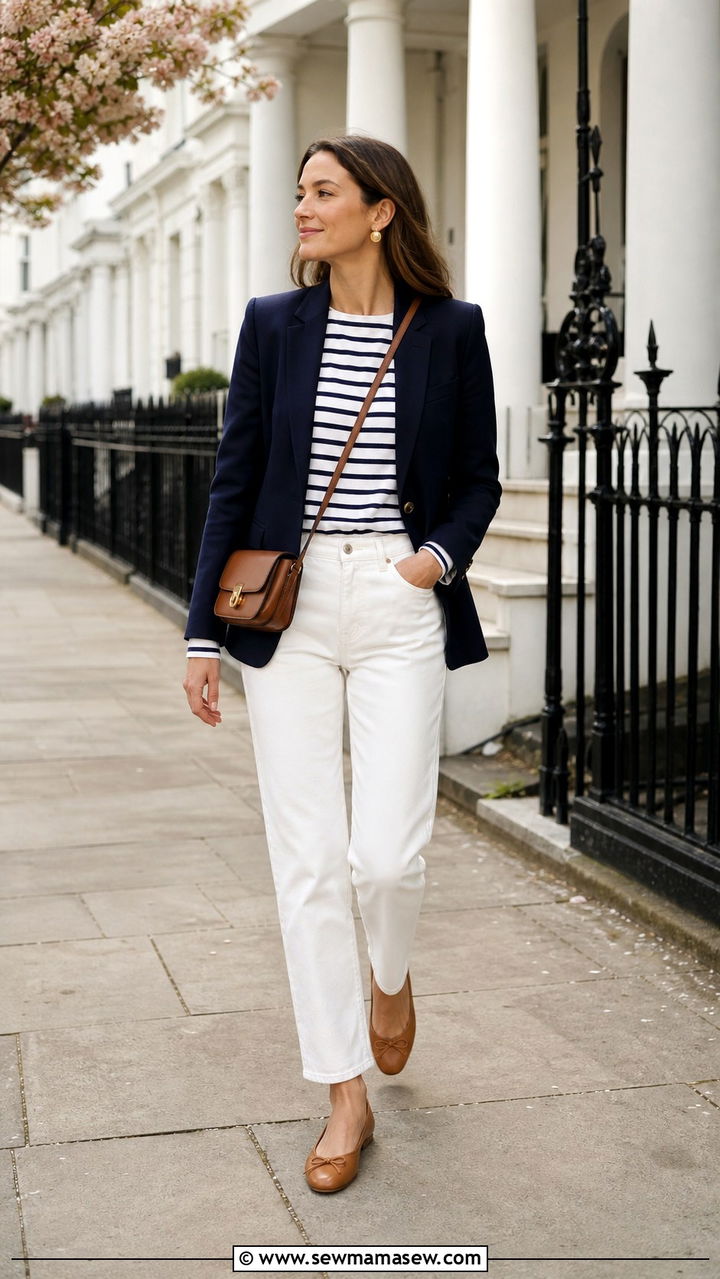White Jeans with Navy Blazer and Striped Tee Outfit - 40 What to wear in London