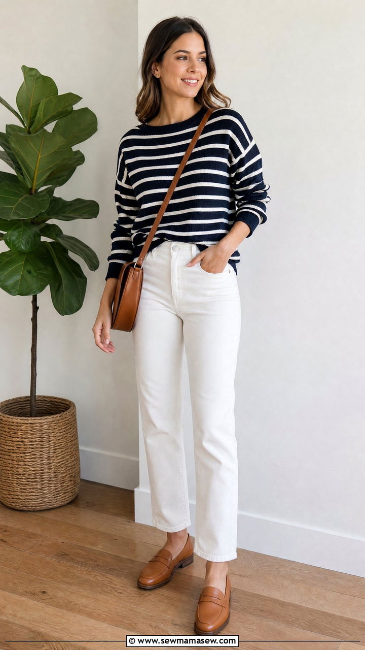 White Jeans with Navy Striped Sweater - 35 jeans outfits ideas