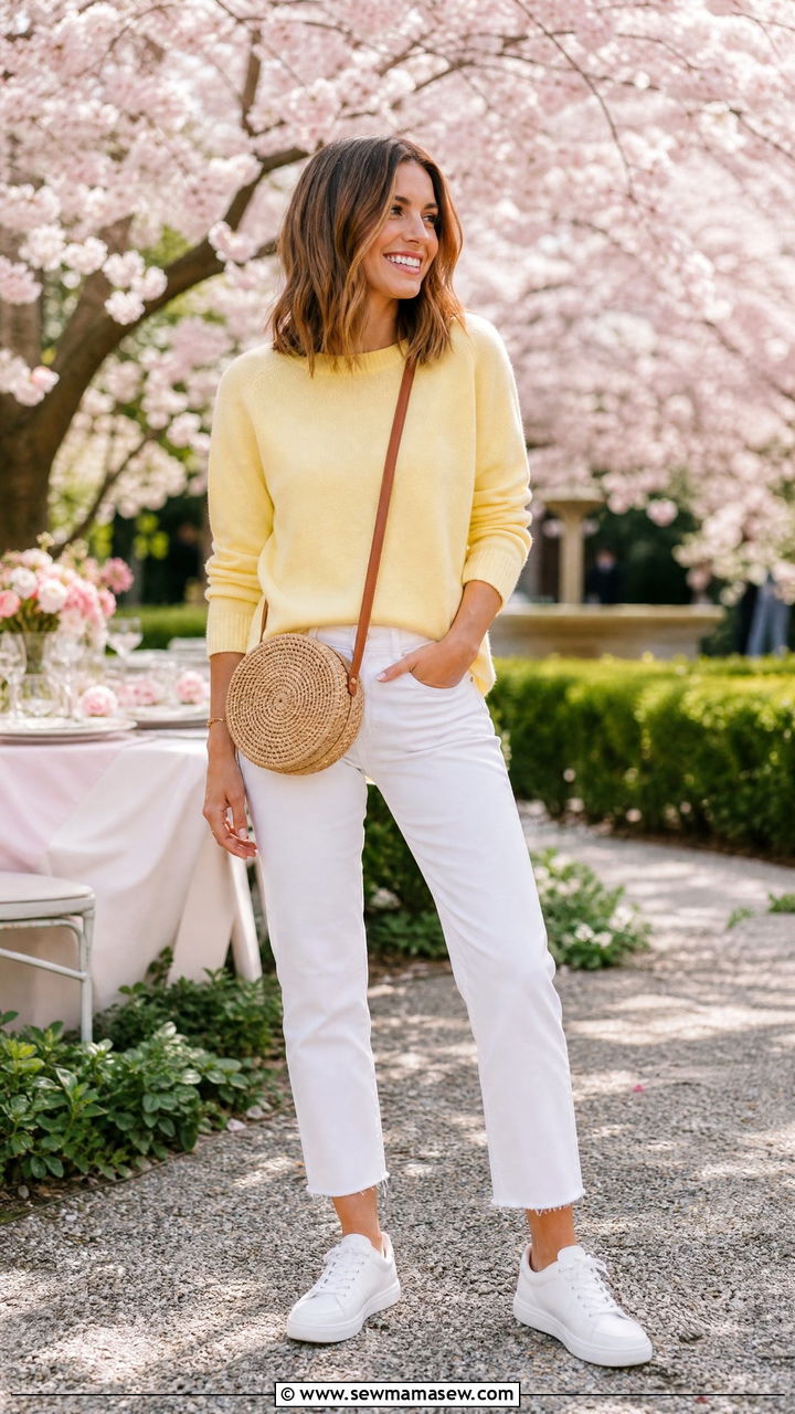White Jeans with Pastel Sweater Outfit - 35 How to style white jeans