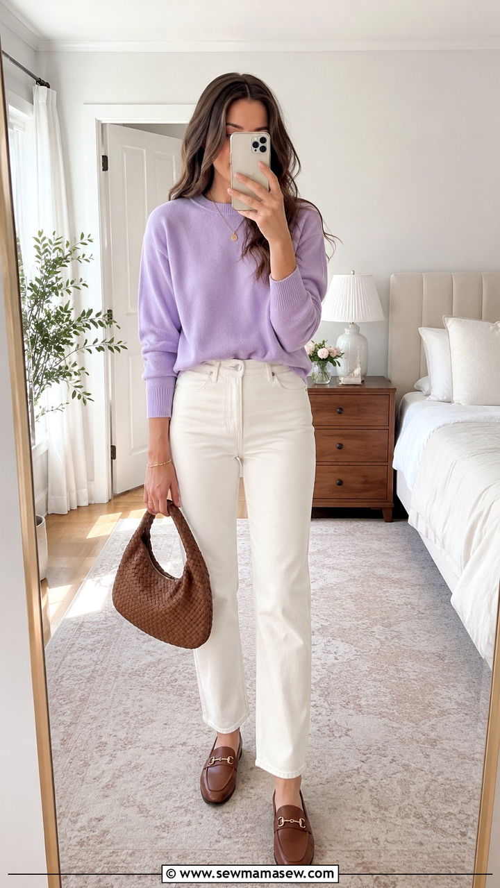 White Jeans with Pastel Sweater and Loafers Outfit - 20 Spring outfits for 45 degree weather