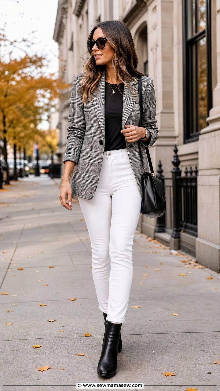 White Jeans with Plaid Blazer Outfit - 35 How to style white jeans