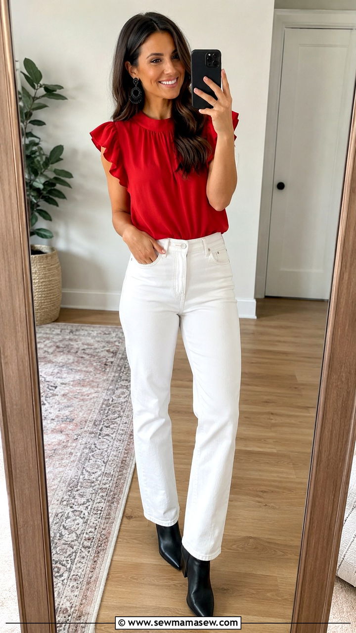 White Jeans with Red Ruffle Sleeve Top - 20 Gameday outfit ideas Georgia