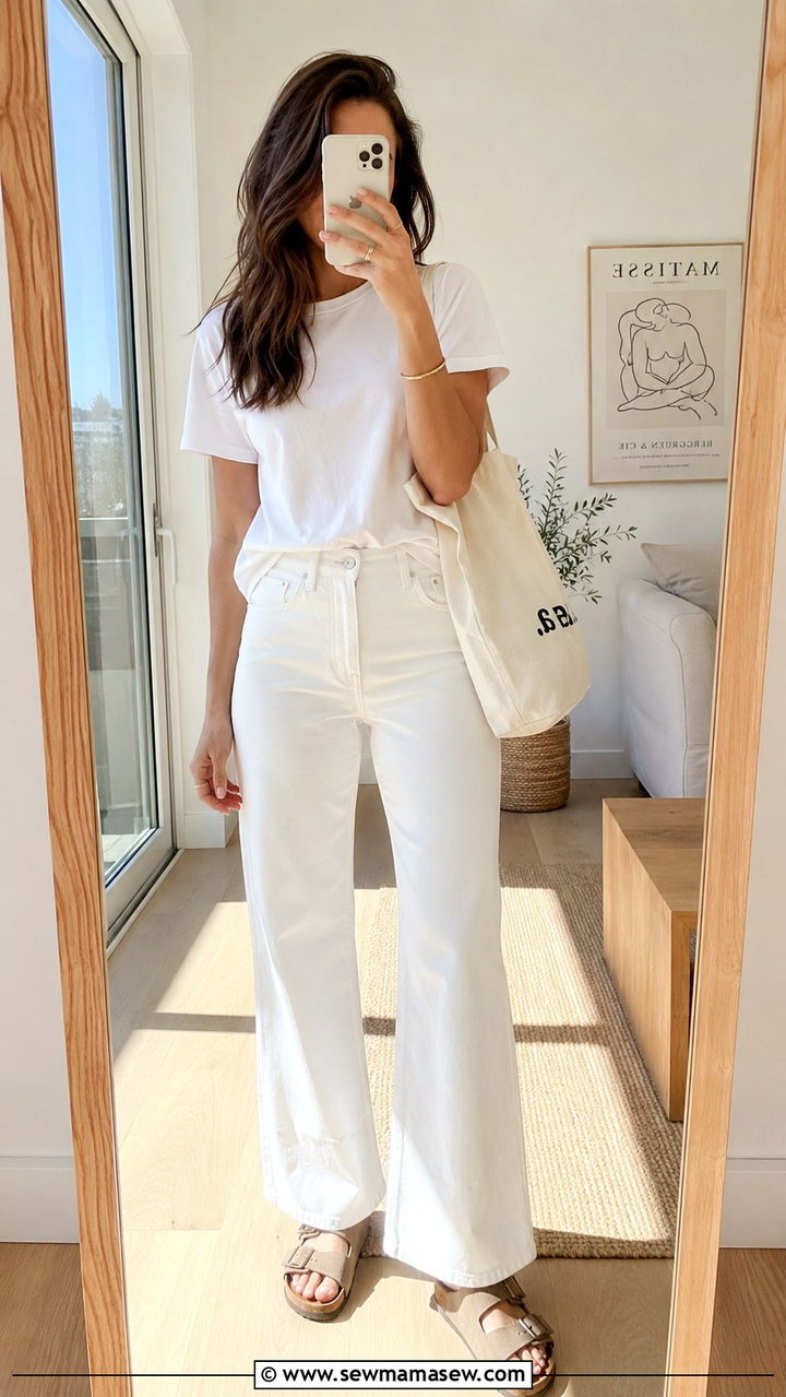 White Jeans with Relaxed Tee and Birkenstock Sandals - 30 chic white jeans outfit ideas