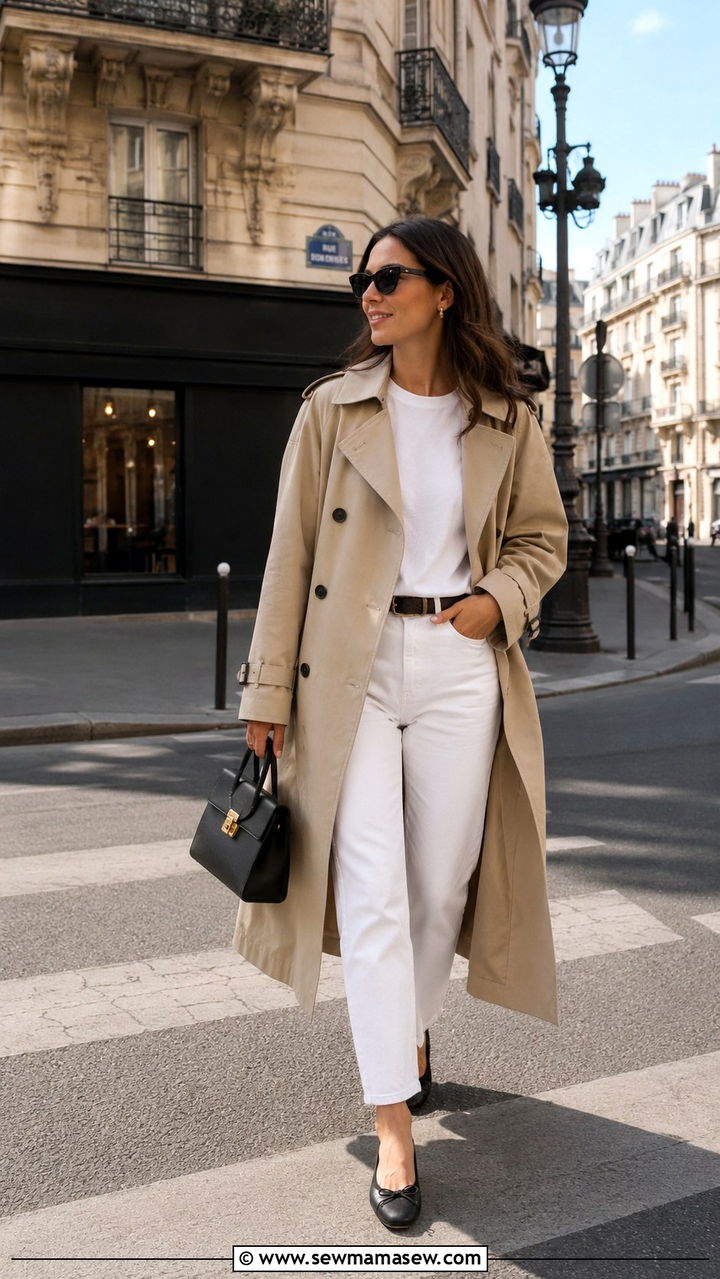 White Jeans with Trench Coat and Ballet Flats - 30 chic white jeans outfit ideas