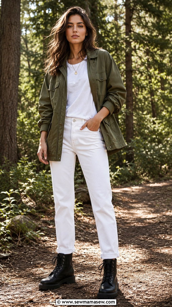 White Jeans with Utility Jacket and Combat Boots - 30 chic white jeans outfit ideas