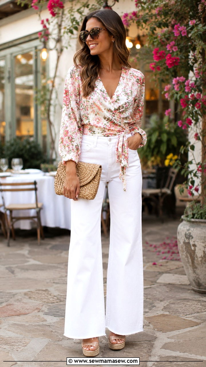 White Jeans with Wrap Top and Espadrille Wedges - 30 chic white jeans outfit ideas