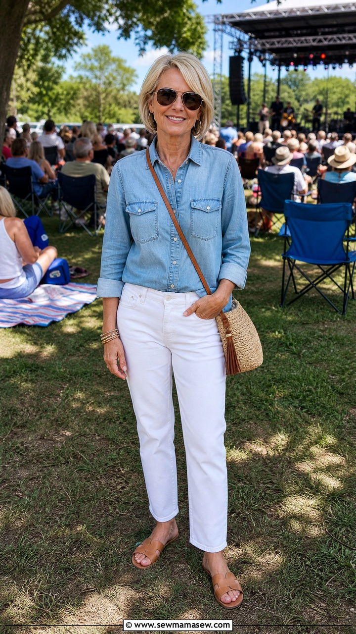 White Jeans with a Chambray Button Down Top - 30 Concert outfits for women over 50