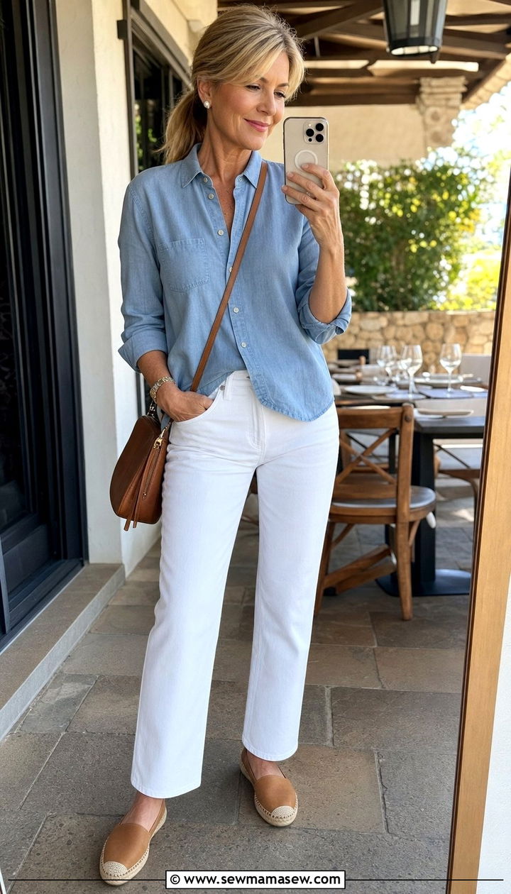 White Jeans with a Chambray Top and Espadrille Flats - 25 Family reunion outfit ideas for women over 50
