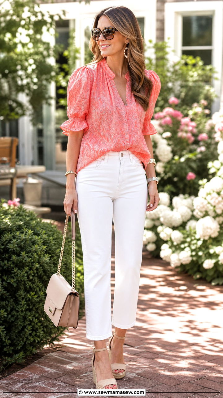 White Jeans with a Colorful Blouse and Espadrille Wedges - 30 summer outfit ideas inspo