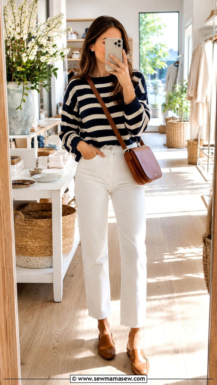 White Jeans with a Striped Knit Sweater - 30 classy errands outfits