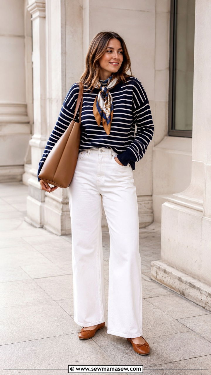 White Jeans with a Striped Knit and Printed Scarf - 30 transitional jeans outfit ideas