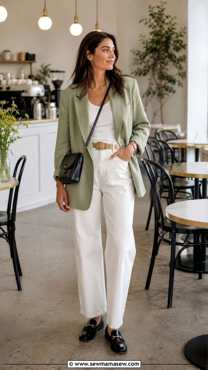 White Jeans with an Oversized Blazer and Loafers - 30 transitional jeans outfit ideas