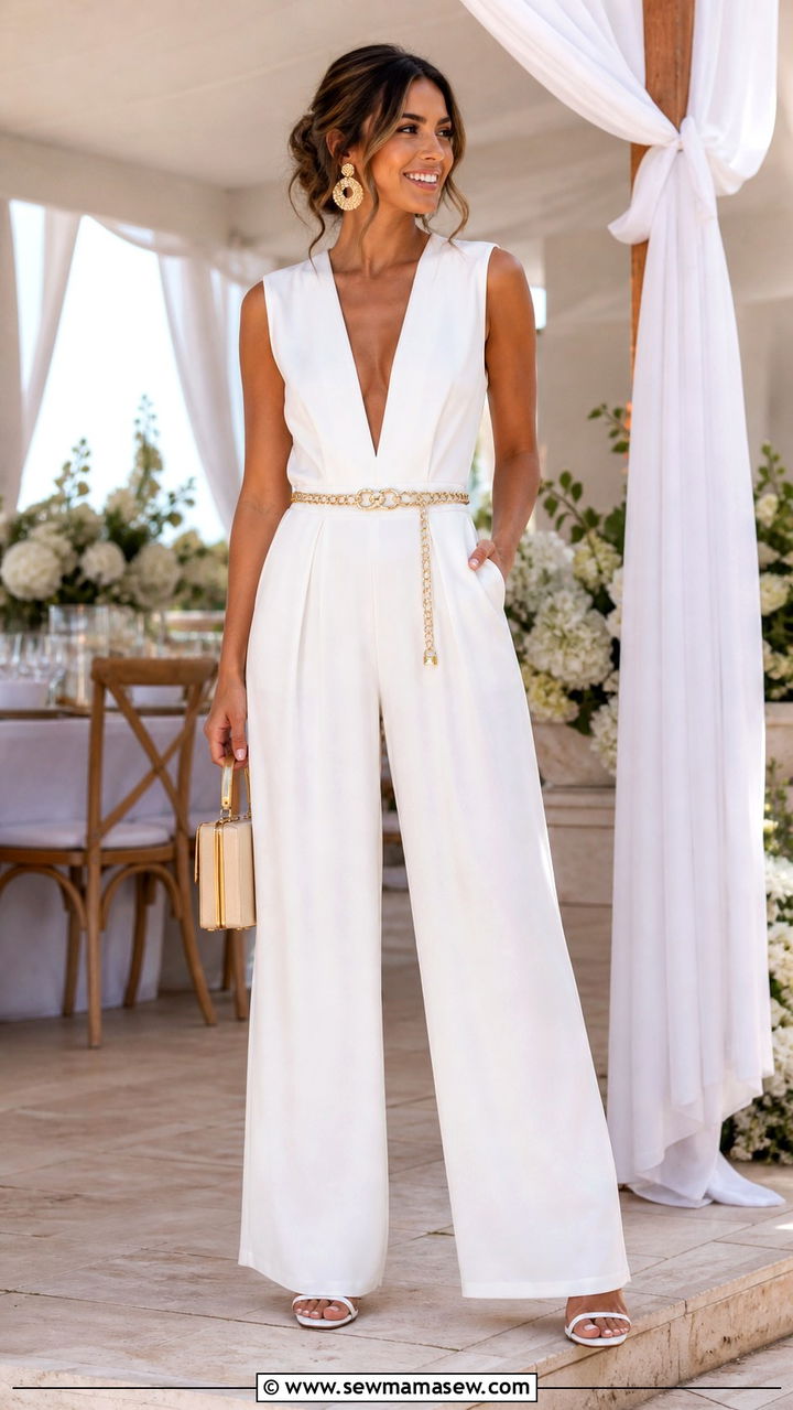White Jumpsuit With A Wide Cinched Waist - 40 All white outfit ideas