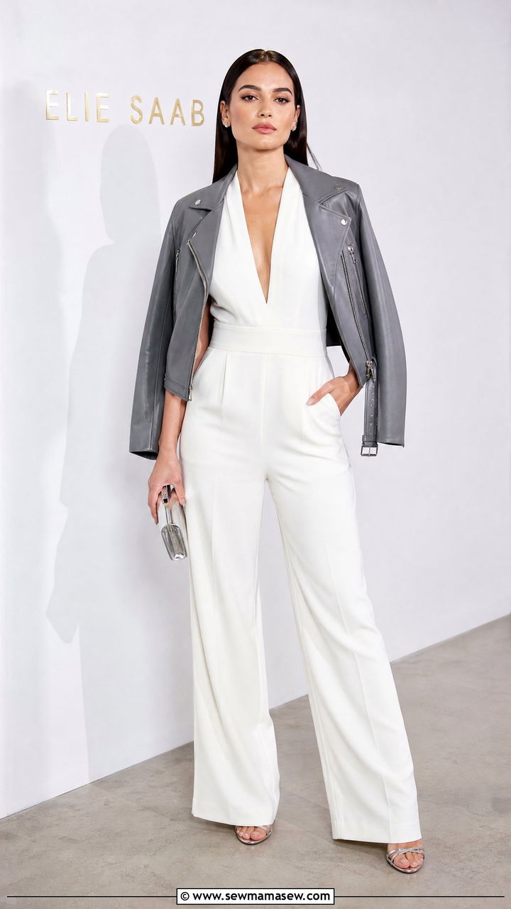 White Jumpsuit and Leather Jacket Outfit - 30 Fashion show outfit ideas