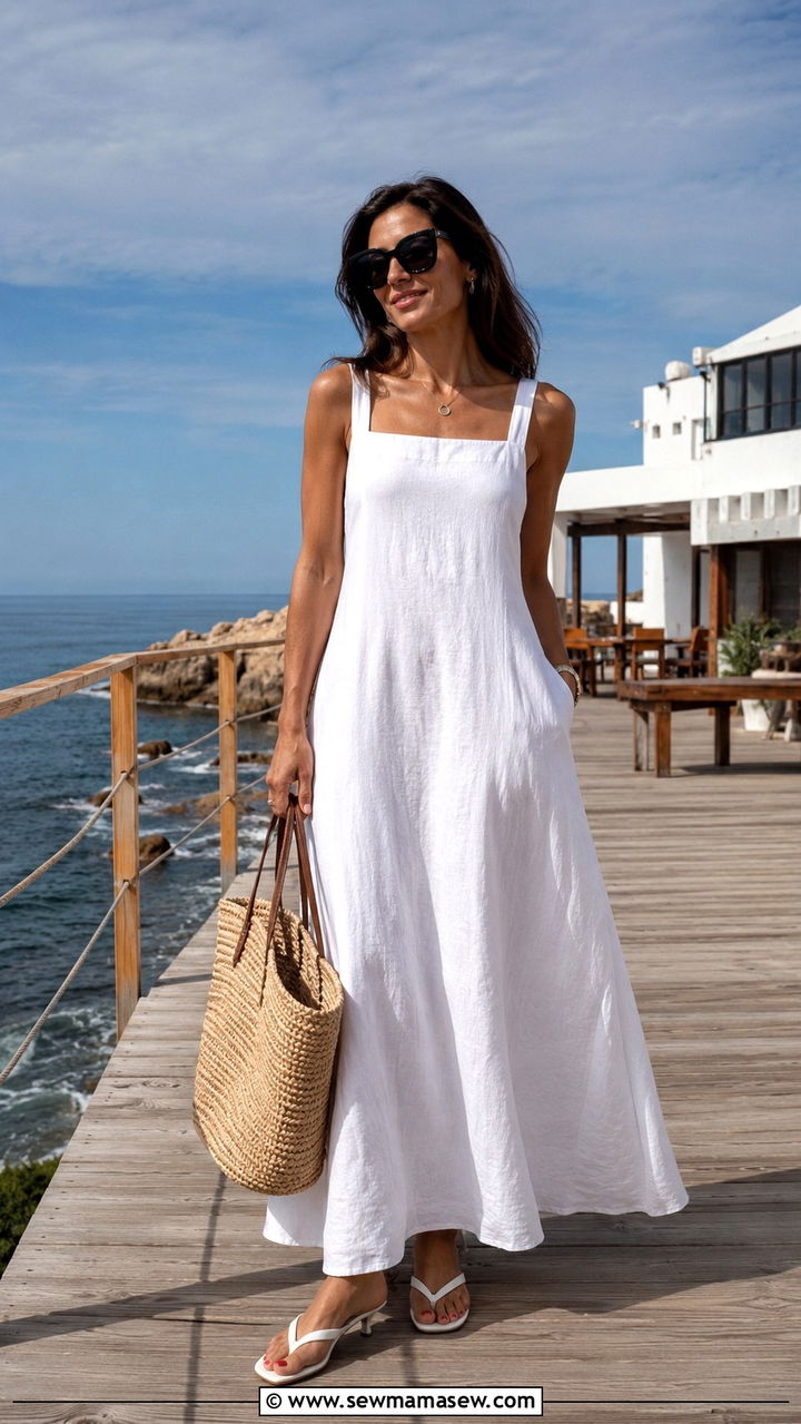 White Kitten Heel Flip Flops and Linen Maxi Dress Outfit - 25 2026 fashion must haves
