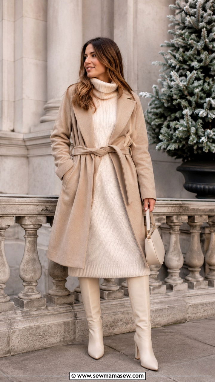 White Knee High Boots With A Cream Knit Dress - 30 Knee high boot outfit ideas