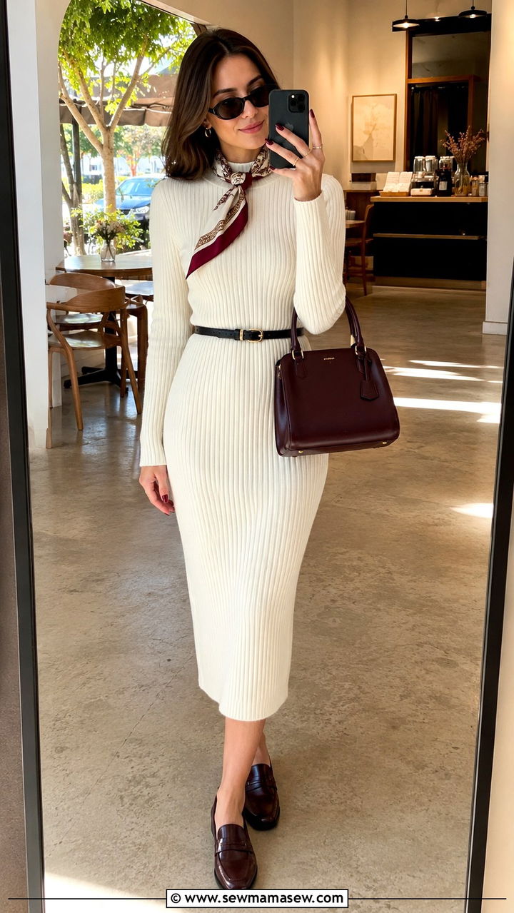 White Knit Dress With Belt And Loafers - 30 classy outfits ideas