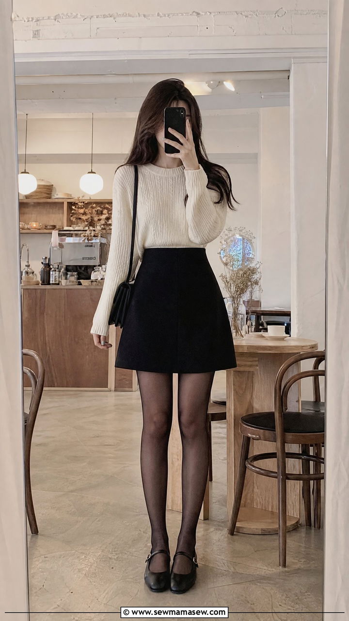 White Knit Sweater And Black Mini Skirt Outfit - 25 light academia outfits 2026