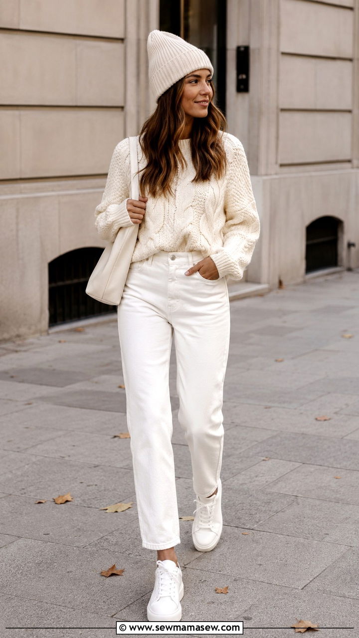 White Knit Sweater With White Jeans - 30 Monochromatic white outfits