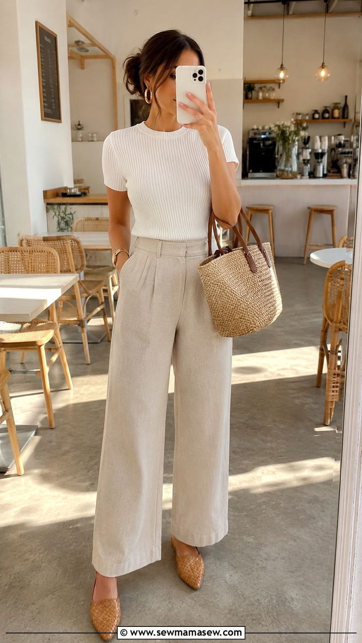 White Knit Top With Beige Wide Leg Pants Outfit - 30 casual business casual outfits