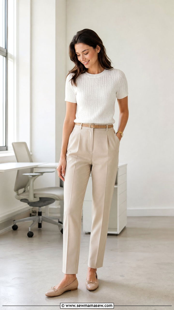 White Knit Top and Beige Pants Outfit - 30 Summer capsule wardrobe for work