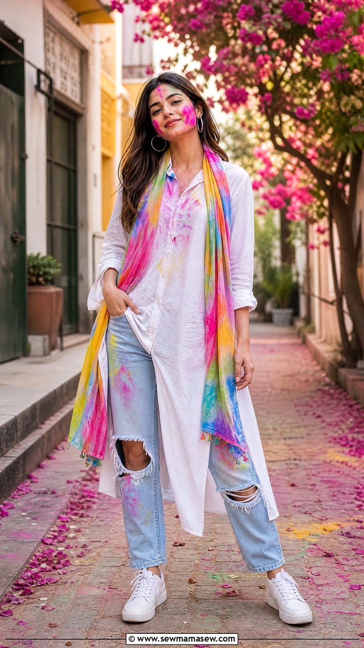 White Kurta With Ripped Jeans Holi Outfit - 25 Holi outfit ideas