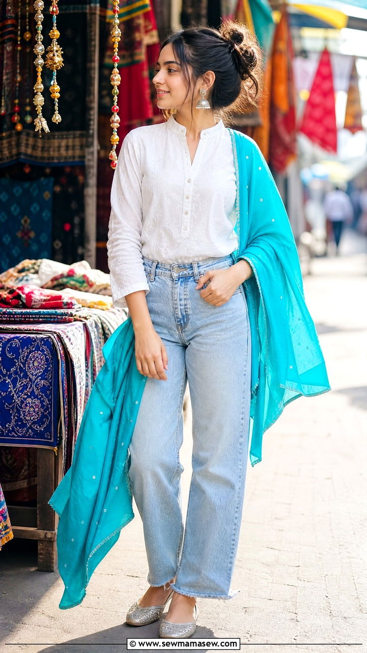 White Kurta with Blue Denim and Jhumkas - 30 Eid outfit ideas for teens