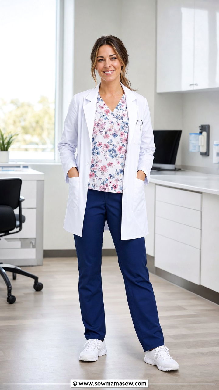 White Lab Coat Layered Over Printed Scrub Top - 25 Summer nurse outfits
