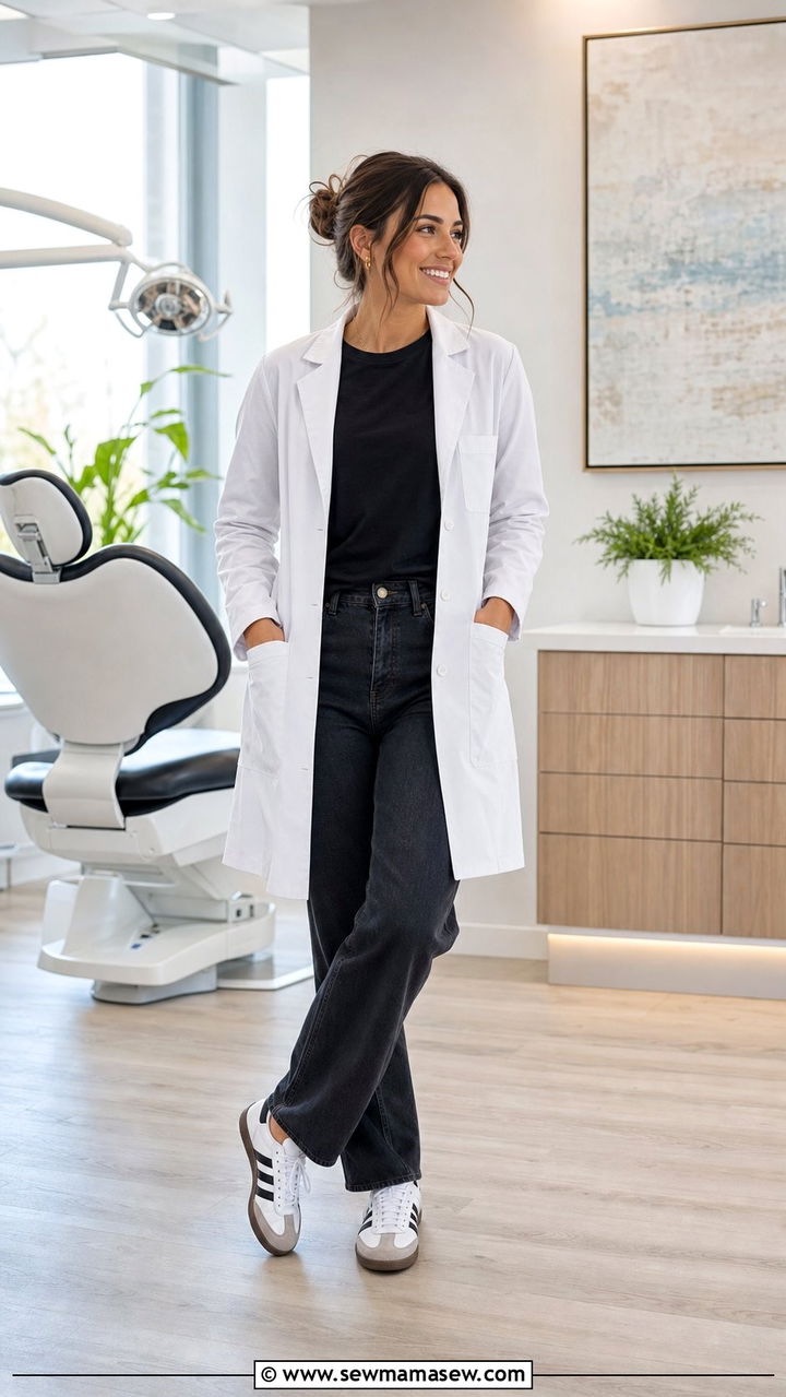 White Lab Coat With Dark Jeans And Retro Sneakers - 25 Dental assistant outfit ideas