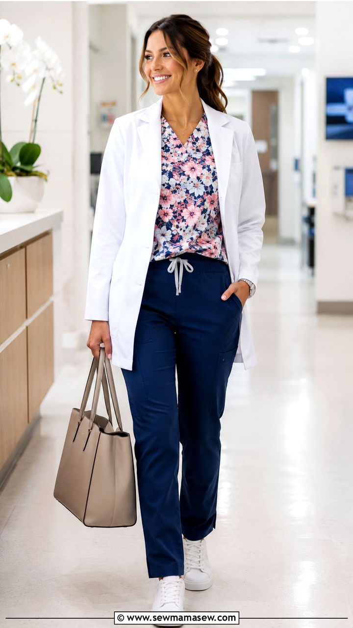 White Lab Coat over a Floral Print Scrub Top - 30 Spring outfit ideas for nurse