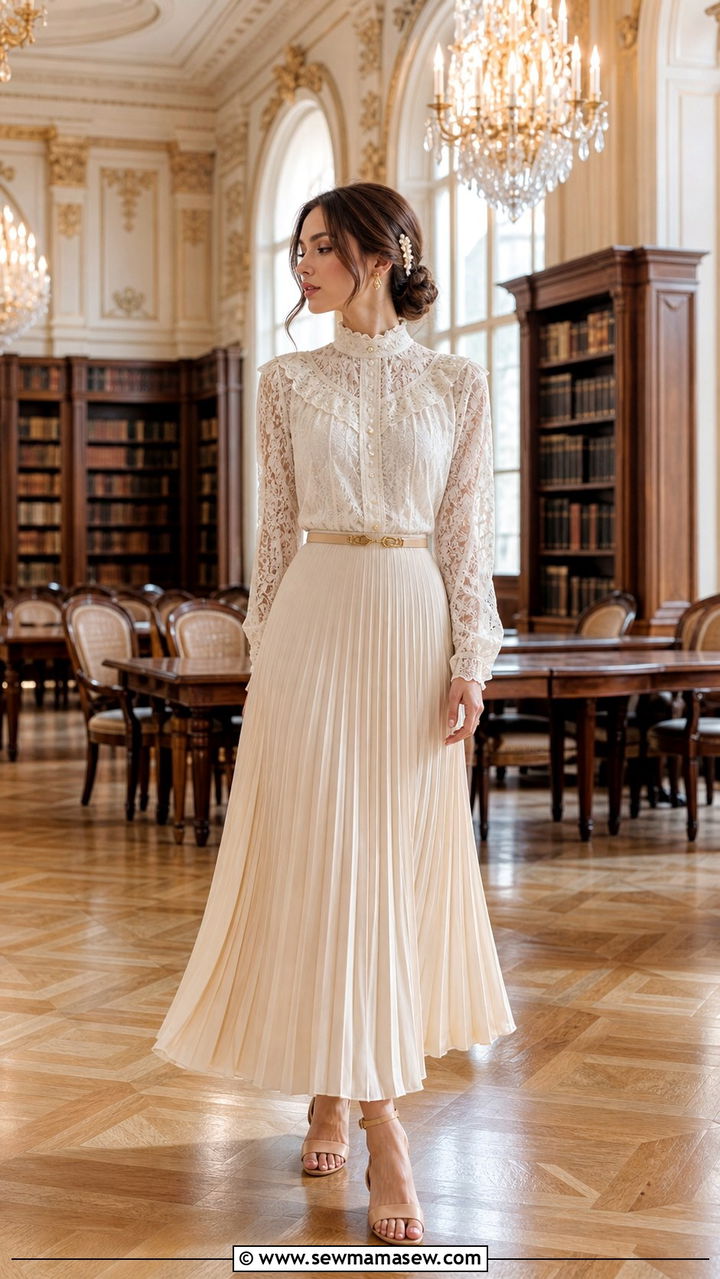 White Lace Blouse And Pleated Maxi Skirt - 40 light academia outfits ideas