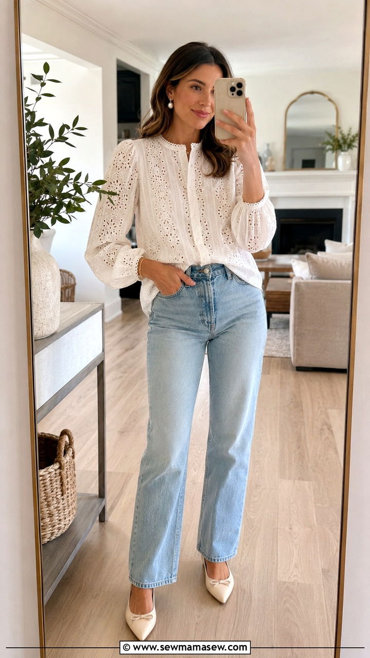 White Lace Blouse And Straight Leg Jeans - 30 May Mother's Day outfit ideas