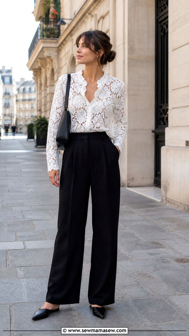 White Lace Blouse With Black Trousers Outfit - 40 casual lace outfits