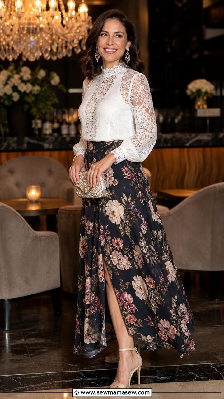 White Lace Blouse With Floral Maxi Skirt And Heels - 40 Boho outfit ideas 2026