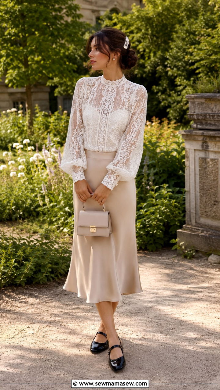 White Lace Blouse With Midi Slip Skirt And Mary Janes - 30 Parisian capsule wardrobe 2026