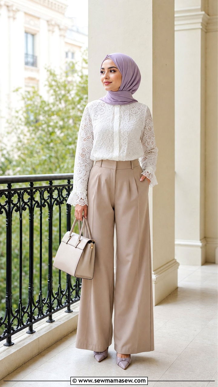 White Lace Blouse With Wide Leg Pants Outfit - 25 spring outfits for hijab women