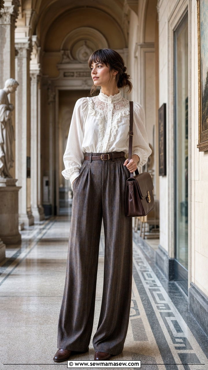 White Lace Blouse with Plaid Wide Leg Trousers and Leather Satchel - 25 classy light academia outfits