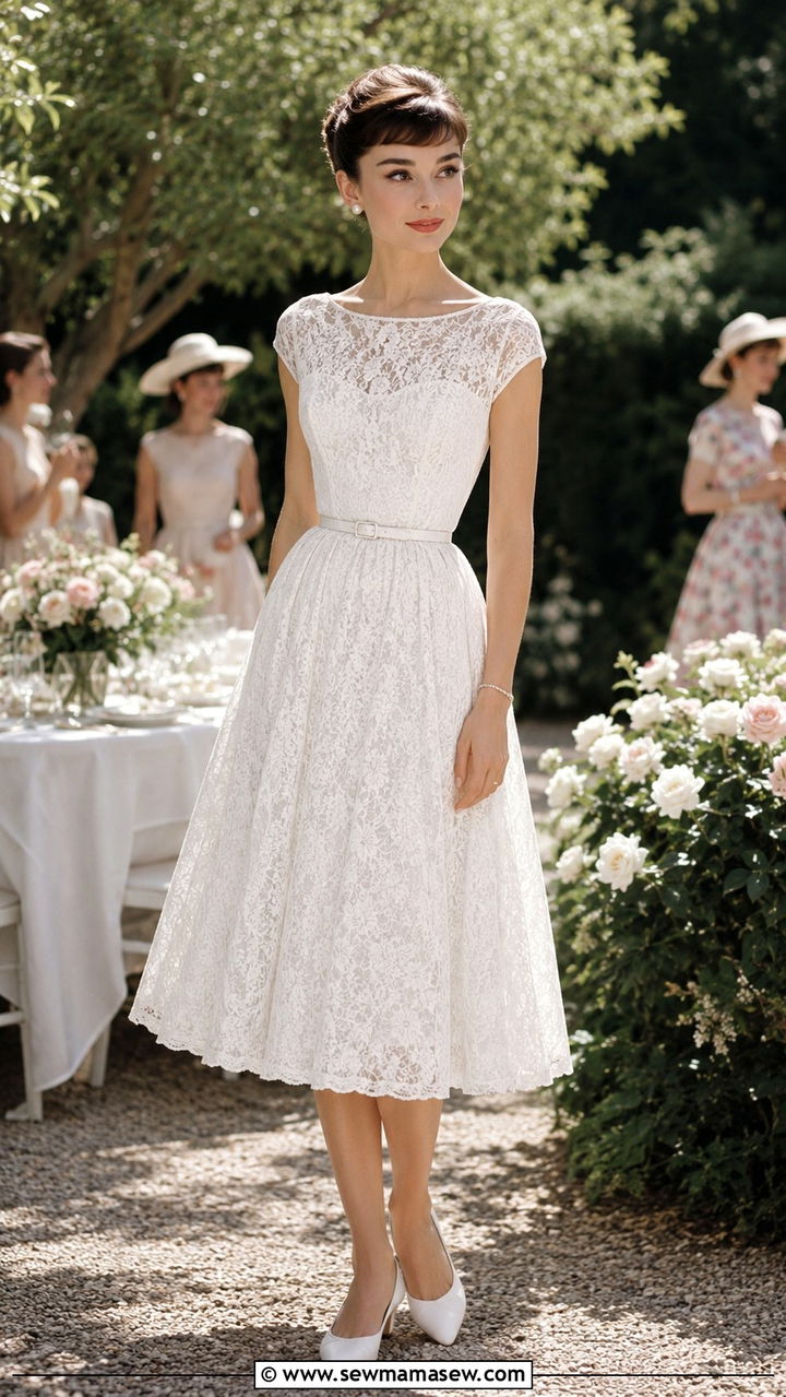White Lace Boatneck Dress With Belt and Pearl Earrings - 25 Audrey Hepburn outfit ideas