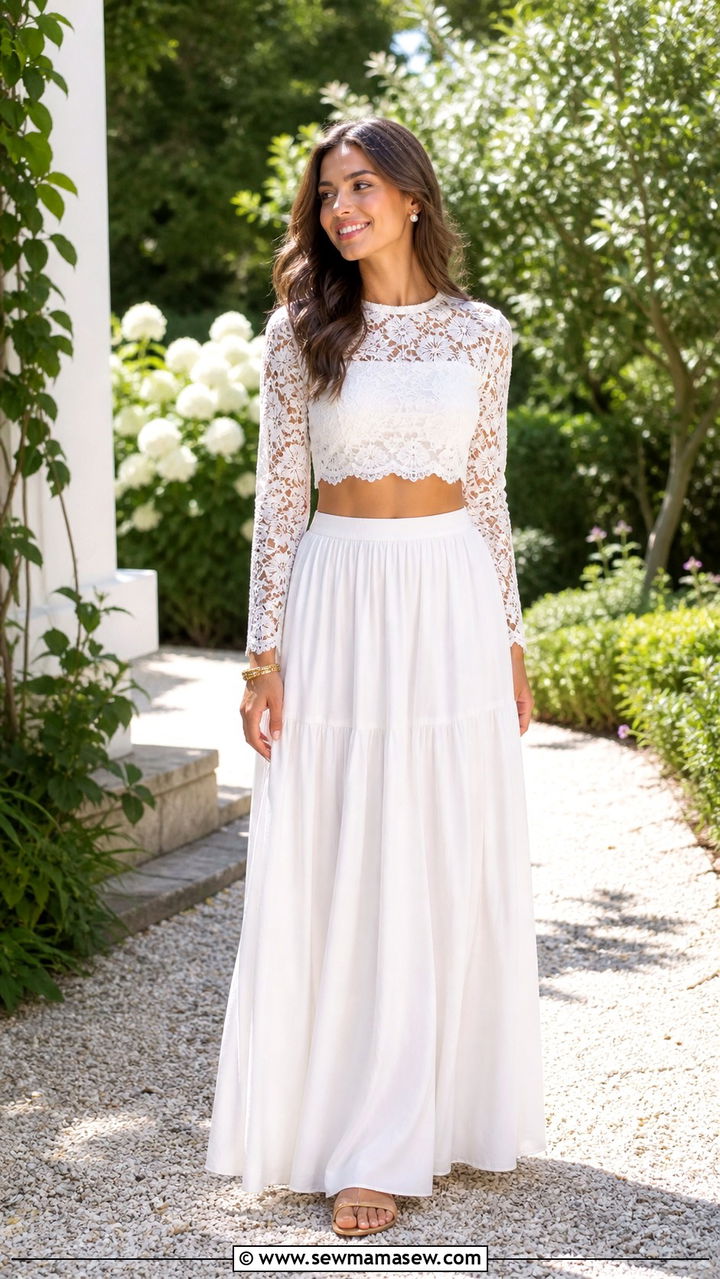 White Lace Cropped Top and Flowing Maxi Skirt Outfit - 40 cute summer outfit ideas