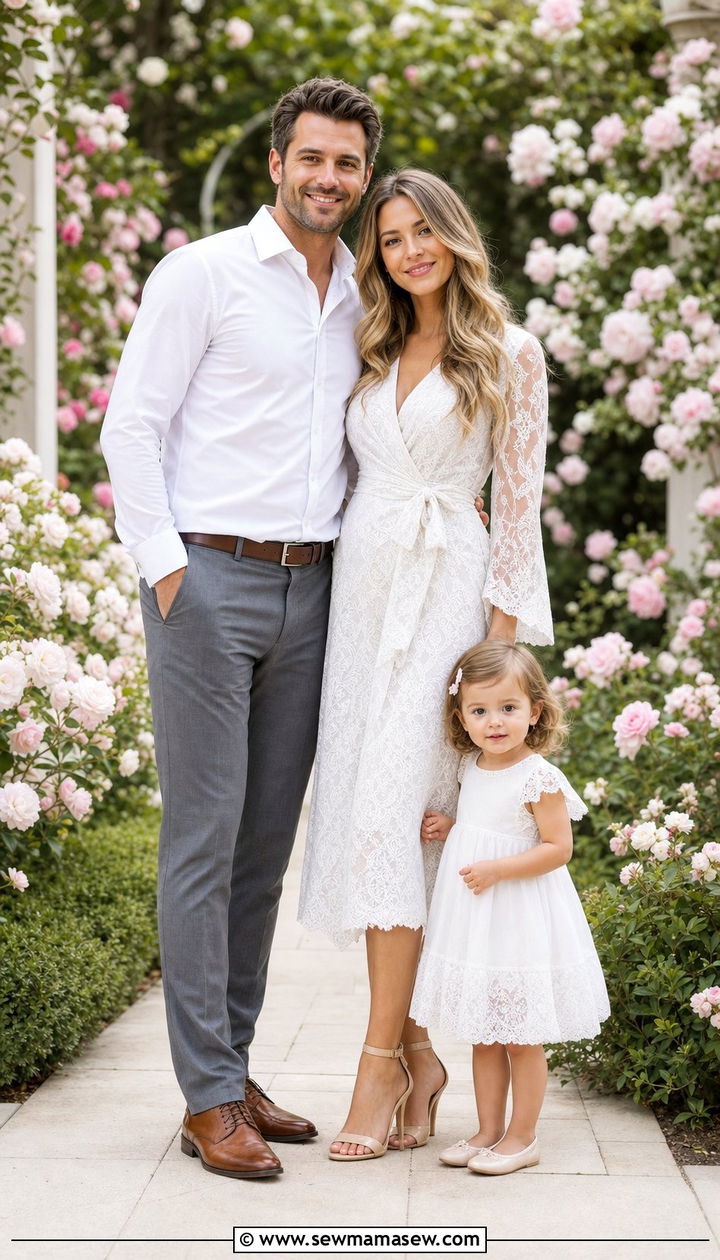 White Lace Dress Family Outfit With Toddler Lace Detail - 25 Family photo outfit ideas with toddler