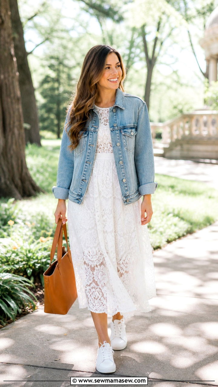 White Lace Dress With Denim Jacket Outfit - 40 casual lace outfits