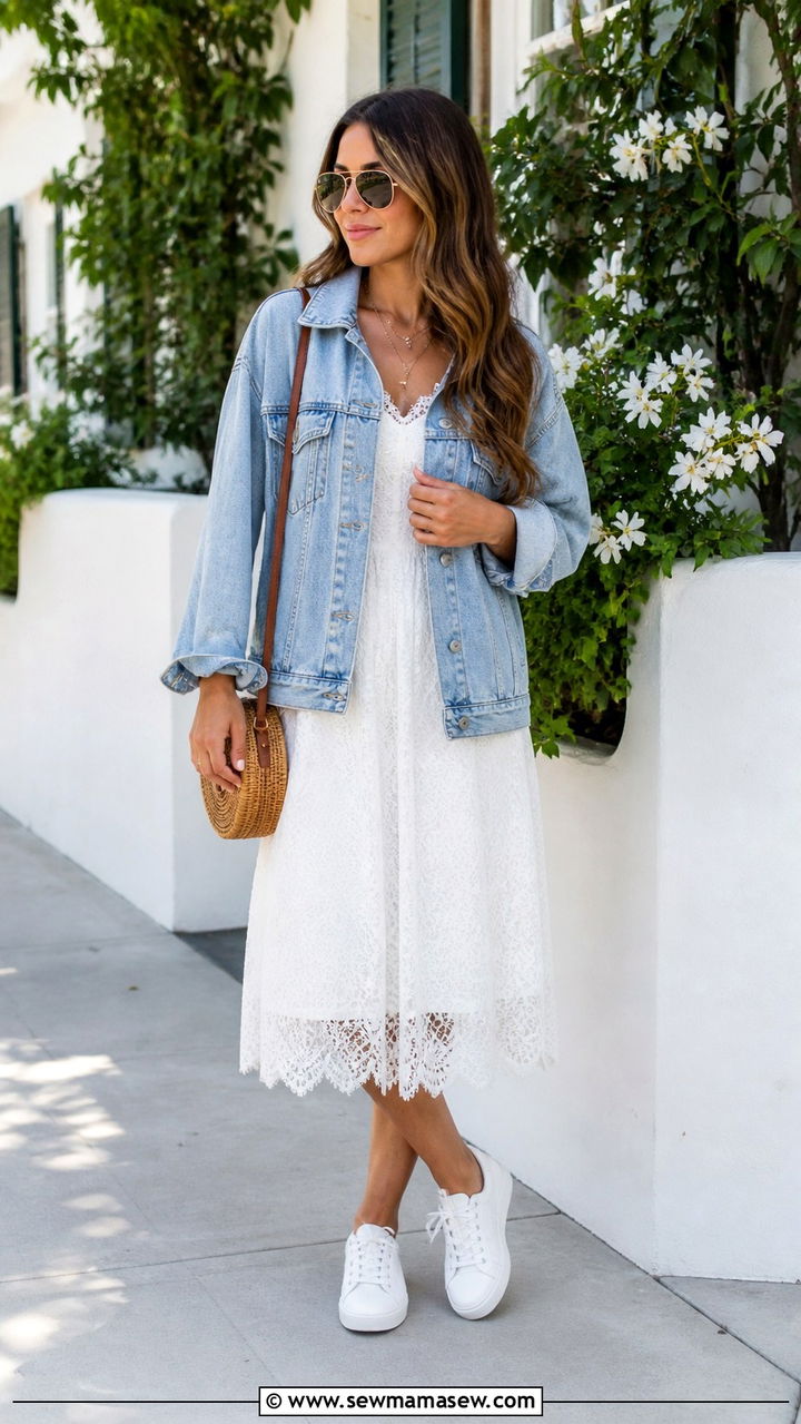 White Lace Dress With Denim Jacket - 40 lace outfits for women