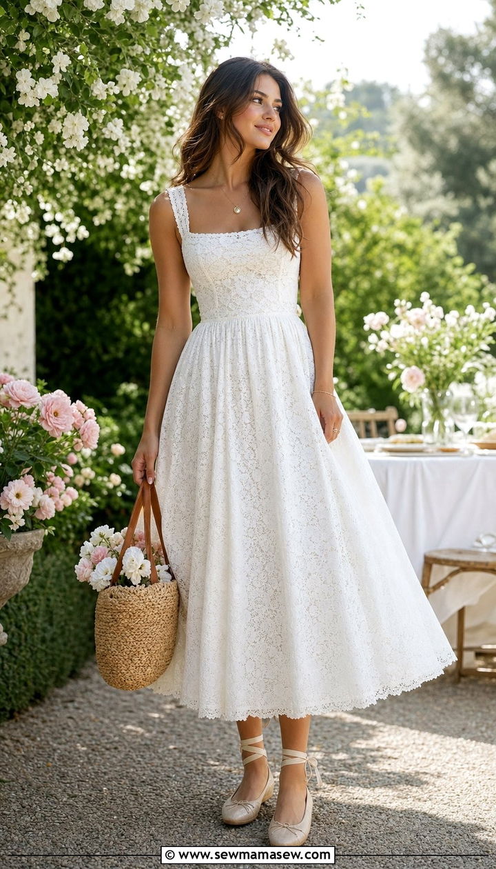 White Lace Dress and Ballet Flats Outfit - 35 Balletcore summer outfits